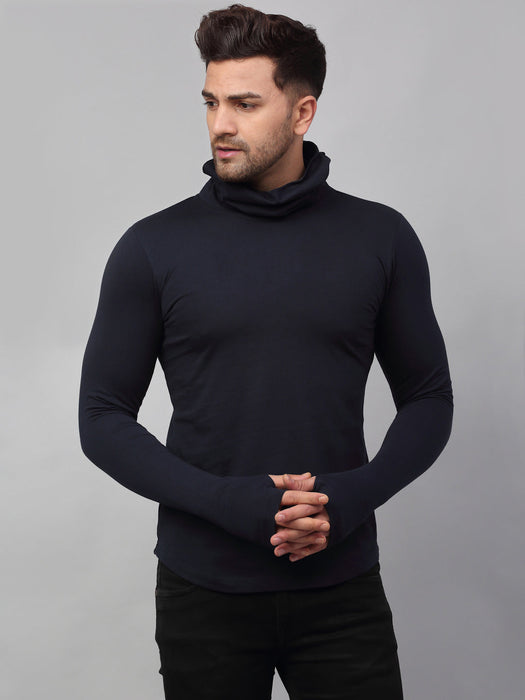 Black and Navy Blue Cotton Full Sleeves Solid Slim Fit High Neck T-Shirt  - Pack of 2