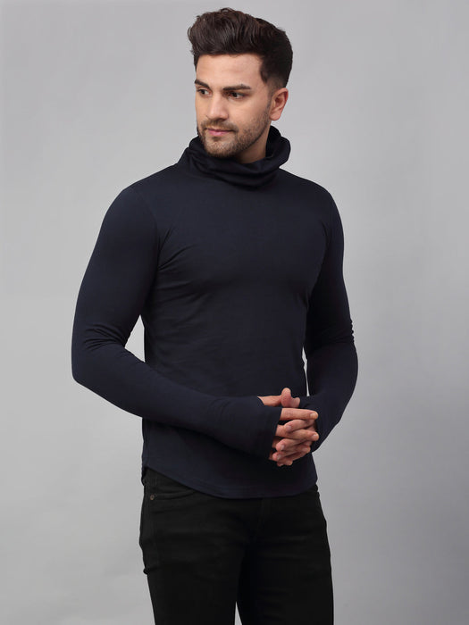 Black and Navy Blue Cotton Full Sleeves Solid Slim Fit High Neck T-Shirt  - Pack of 2