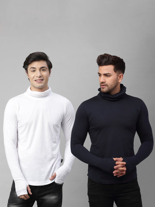 s White and Navy Blue Cotton Full Sleeves Solid Slim Fit Turtle Neck T-Shirt  - Pack of 2