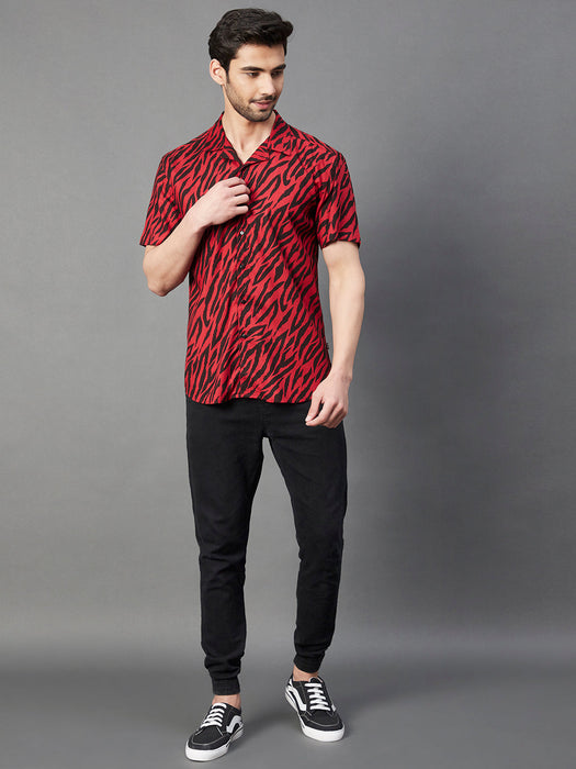 Maroon Zebra Printed Cuban Collar Half Sleeve Rayon Shirt