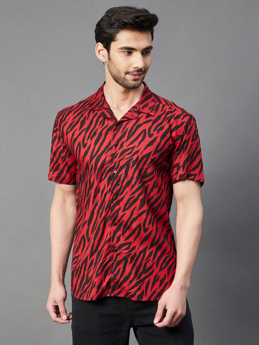 Maroon Zebra Printed Cuban Collar Half Sleeve Rayon Shirt