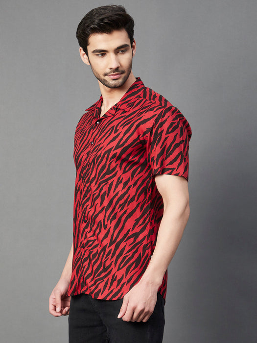 Maroon Zebra Printed Cuban Collar Half Sleeve Rayon Shirt