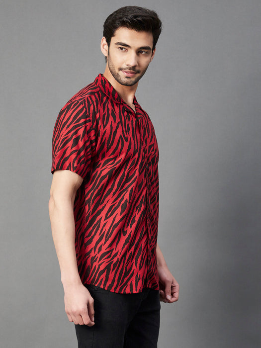 Maroon Zebra Printed Cuban Collar Half Sleeve Rayon Shirt