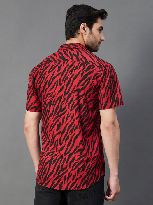 Maroon Zebra Printed Cuban Collar Half Sleeve Rayon Shirt