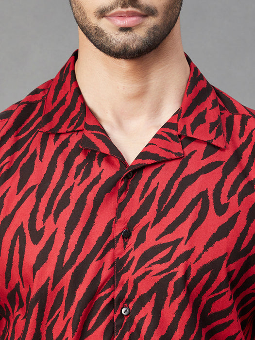 Maroon Zebra Printed Cuban Collar Half Sleeve Rayon Shirt