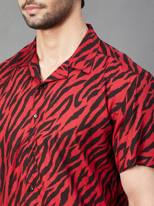 Maroon Zebra Printed Cuban Collar Half Sleeve Rayon Shirt