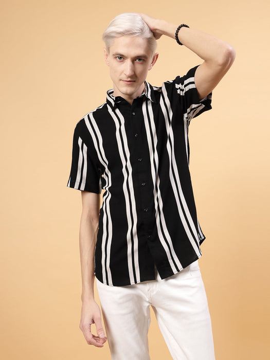 Classic Men's Slim Fit Rayon Black Stripes Shirt