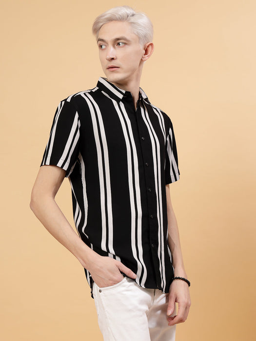 Classic Men's Slim Fit Rayon Black Stripes Shirt