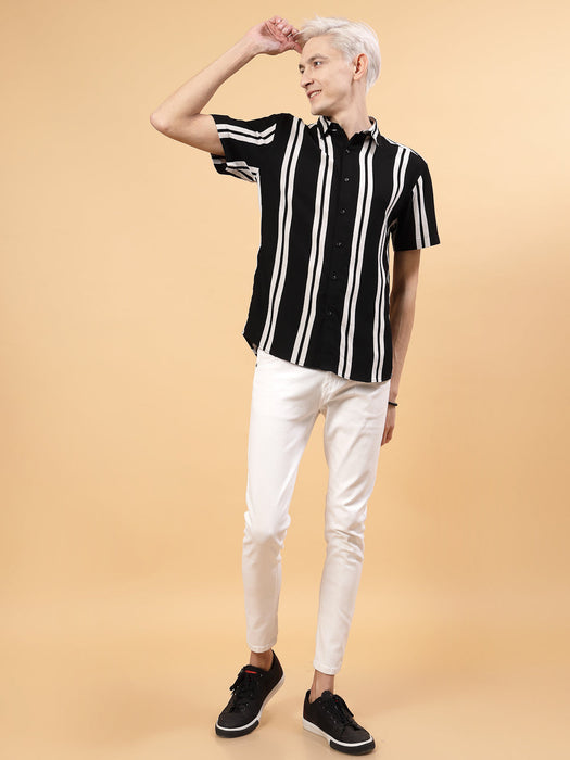 Classic Men's Slim Fit Rayon Black Stripes Shirt