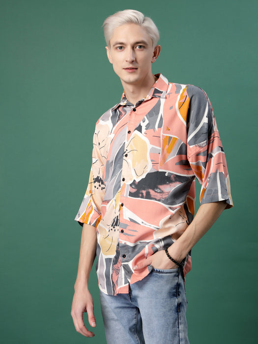 Elegance Pink Foliage Print Oversized Rayon Shirt for Men