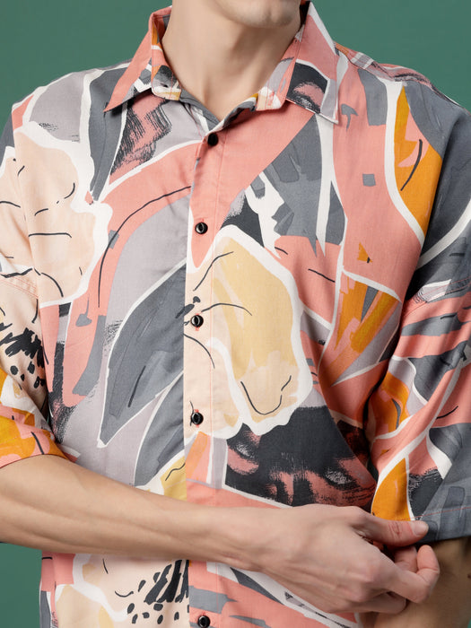 Elegance Pink Foliage Print Oversized Rayon Shirt for Men