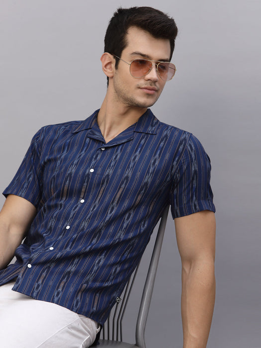 Blue Self Design Cuban Collar Half Sleeve Shirt