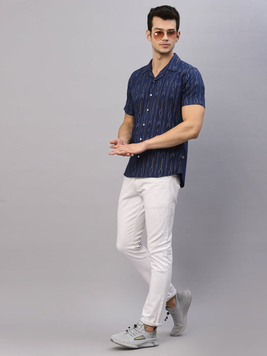 Blue Self Design Cuban Collar Half Sleeve Shirt