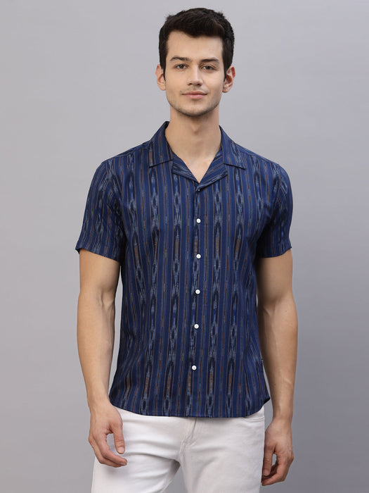 Blue Self Design Cuban Collar Half Sleeve Shirt