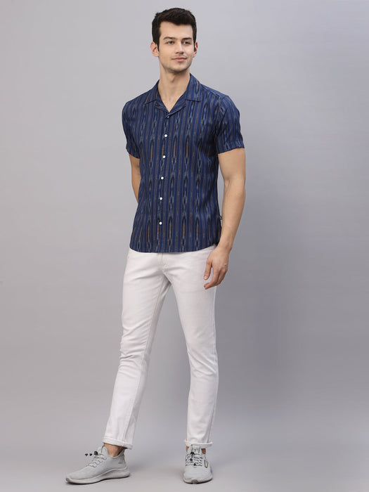 Blue Self Design Cuban Collar Half Sleeve Shirt