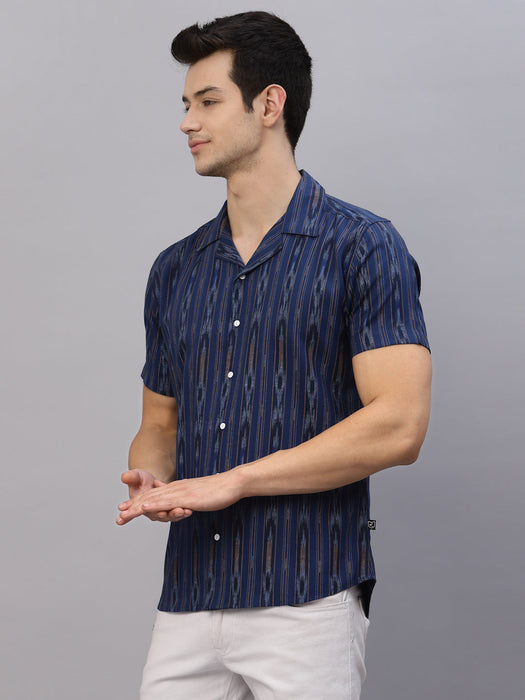 Blue Self Design Cuban Collar Half Sleeve Shirt