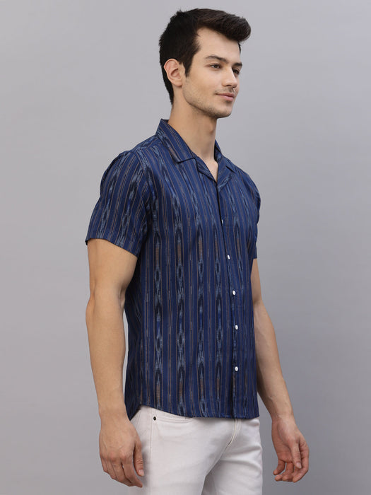 Blue Self Design Cuban Collar Half Sleeve Shirt