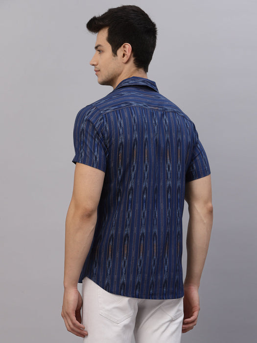 Blue Self Design Cuban Collar Half Sleeve Shirt