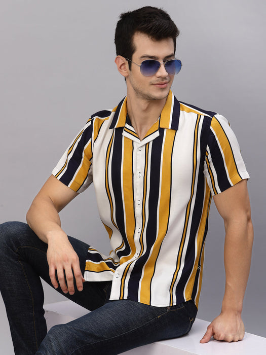 Striped Cuban Collar Half Sleeve Shirt