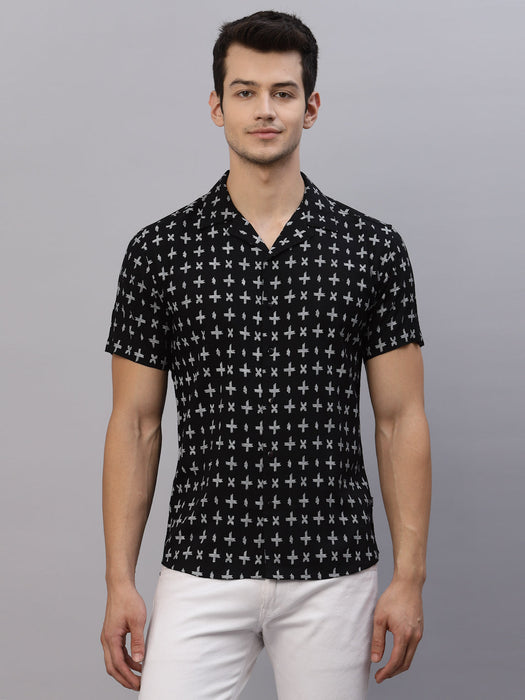 Black Self Design Cuban Collar Half Sleeve Shirt