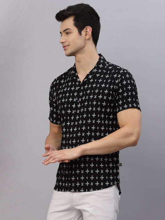 Black Self Design Cuban Collar Half Sleeve Shirt