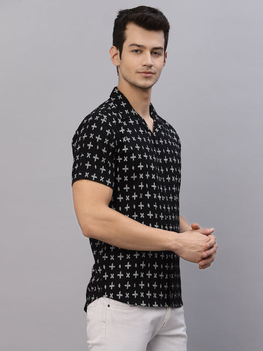 Black Self Design Cuban Collar Half Sleeve Shirt