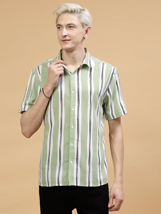 Men's Striped Rayon Cut Away Collar Yoke Detail Shirt