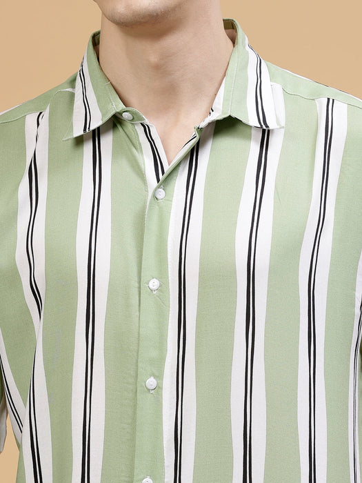 Men's Striped Rayon Cut Away Collar Yoke Detail Shirt