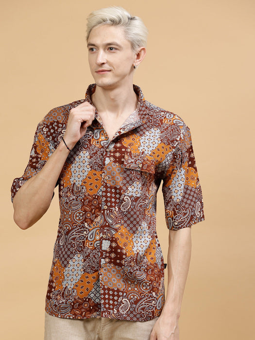 Men's Paisley Print Drop-Shoulder Hawaiian Shirt