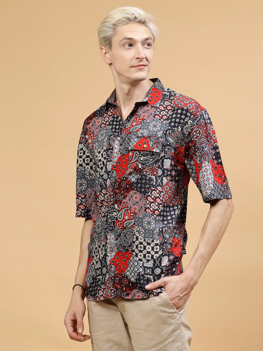 Men's Paisley Print Drop-Shoulder Hawaiian Shirt