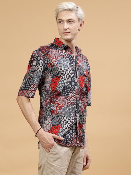 Men's Paisley Print Drop-Shoulder Hawaiian Shirt