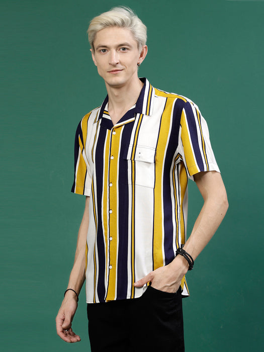 Men's Striped Rayon Cut Away Collar Shirt