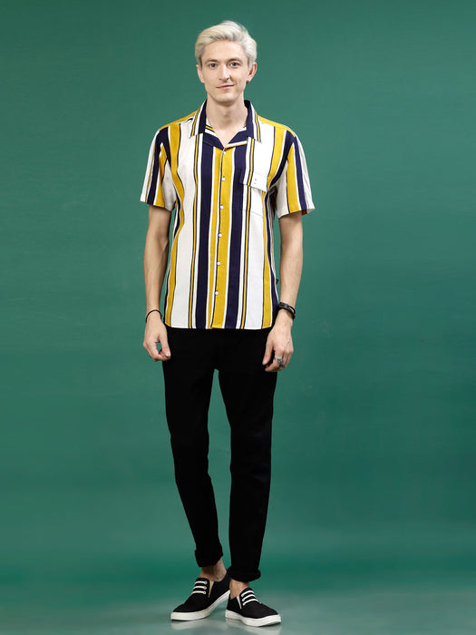 Men's Striped Rayon Cut Away Collar Shirt