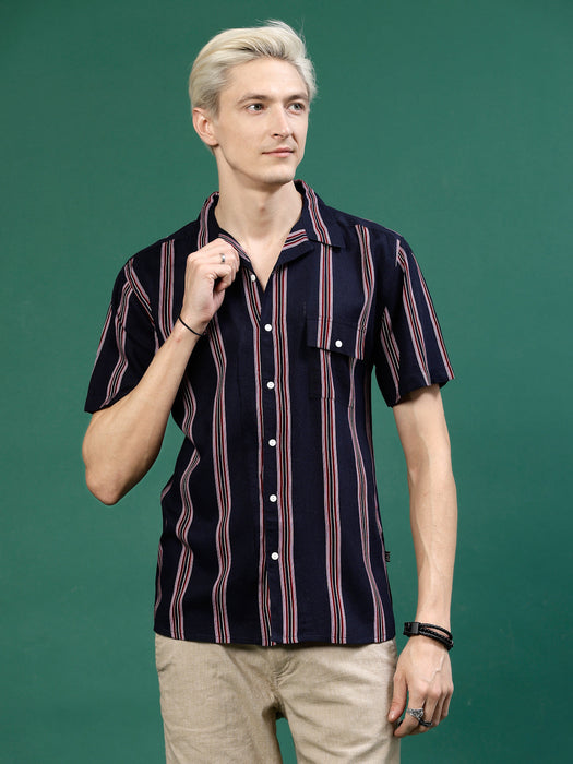 Men's Cut Away Collar Striped Shirt