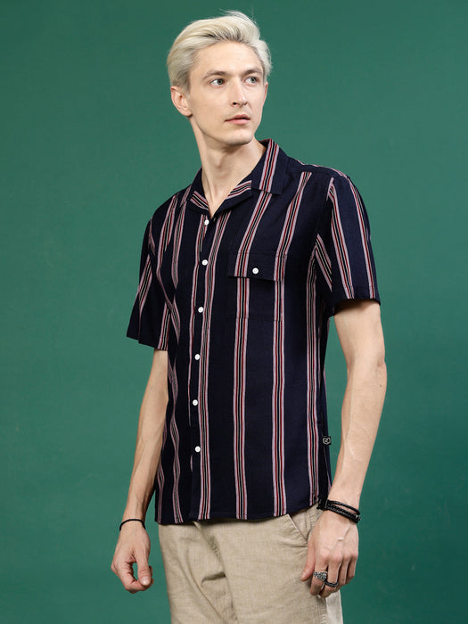 Men's Cut Away Collar Striped Shirt