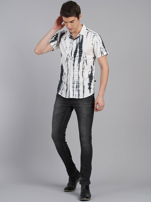 White Navy Self Design Tie & Dye Print Cuban Collar Half Sleeve Shirt