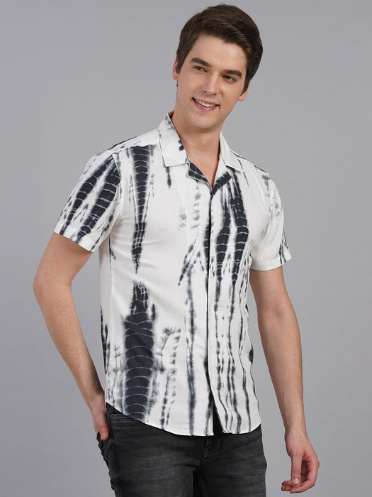 White Navy Self Design Tie & Dye Print Cuban Collar Half Sleeve Shirt