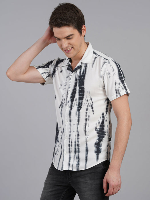 White Navy Self Design Tie & Dye Print Cuban Collar Half Sleeve Shirt