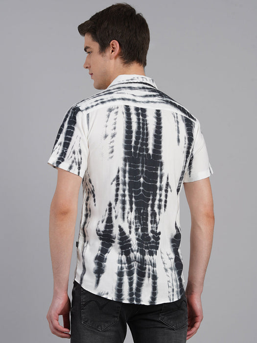 White Navy Self Design Tie & Dye Print Cuban Collar Half Sleeve Shirt