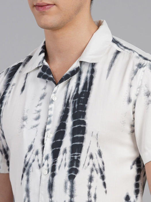 White Navy Self Design Tie & Dye Print Cuban Collar Half Sleeve Shirt