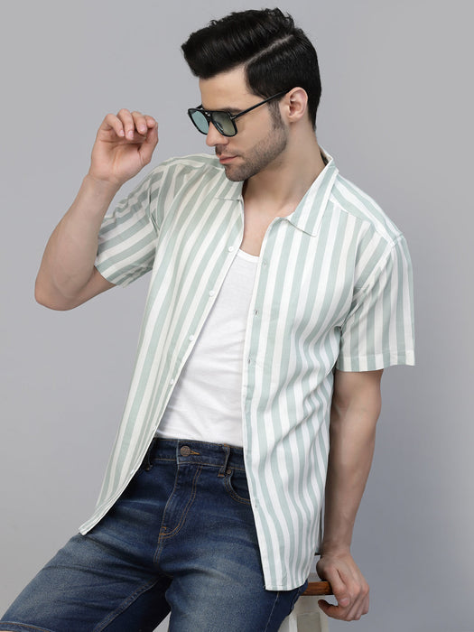 White Green Striped Printed Rayon Shirt With Cuban Collar