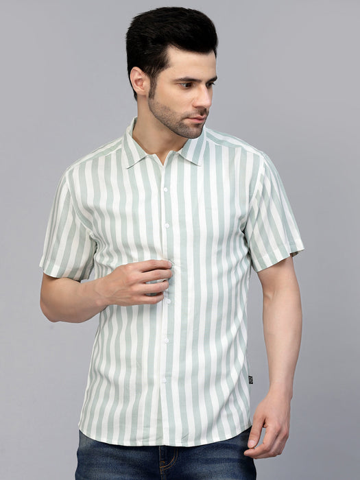 White Green Striped Printed Rayon Shirt With Cuban Collar