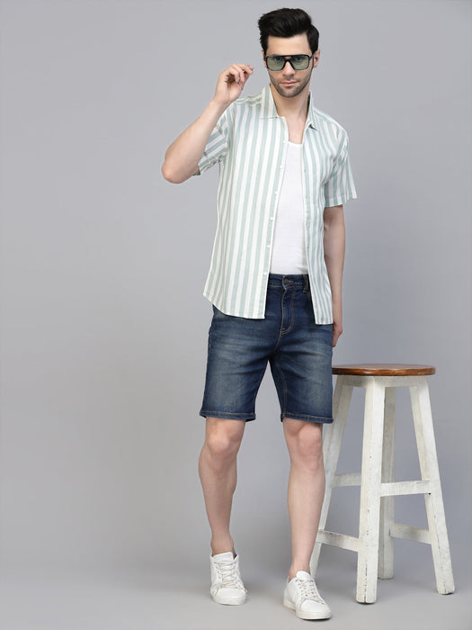 White Green Striped Printed Rayon Shirt With Cuban Collar