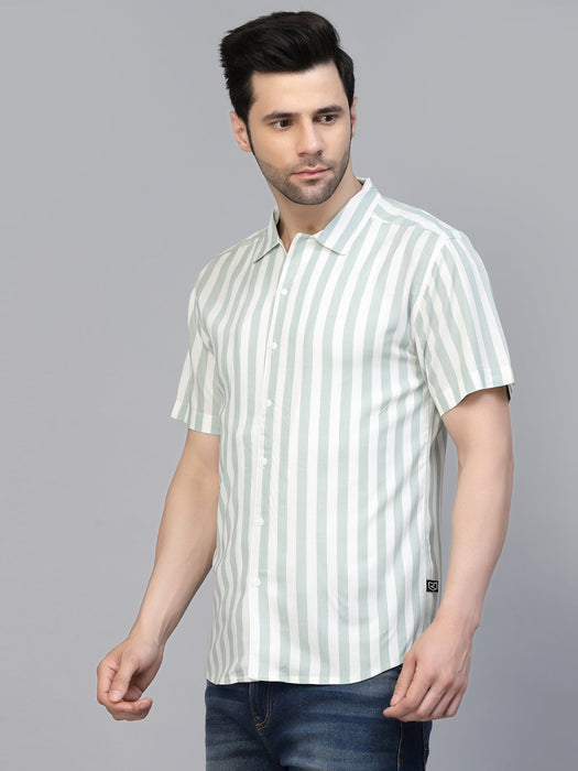 White Green Striped Printed Rayon Shirt With Cuban Collar