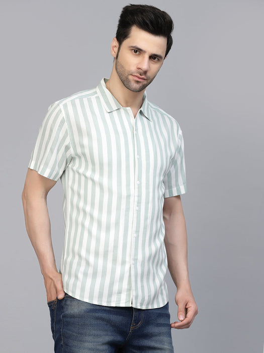 White Green Striped Printed Rayon Shirt With Cuban Collar