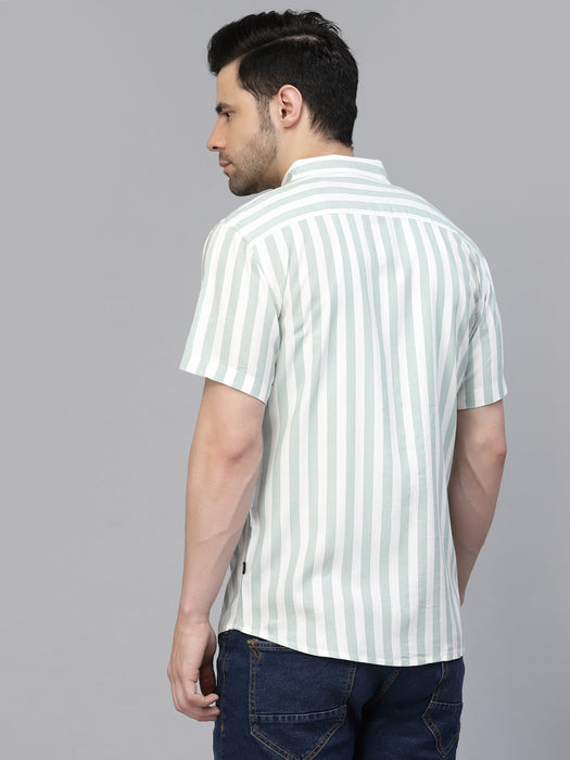 White Green Striped Printed Rayon Shirt With Cuban Collar