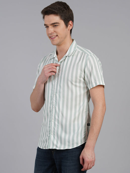 White Self Design Light Green Striped Cuban Collar Half Sleeve Shirt