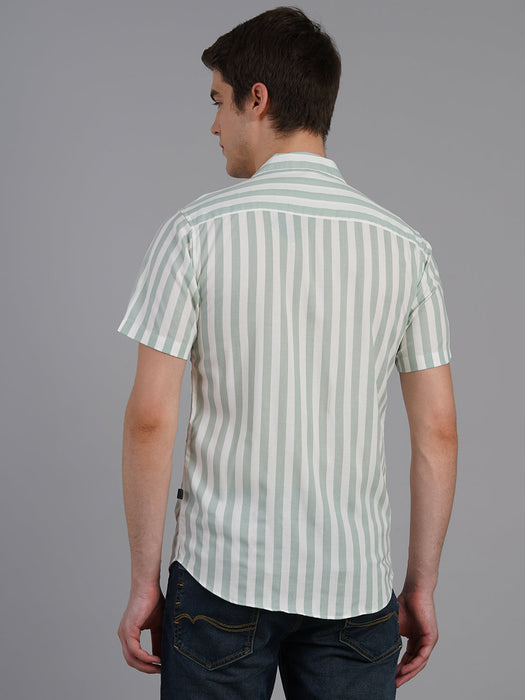 White Self Design Light Green Striped Cuban Collar Half Sleeve Shirt