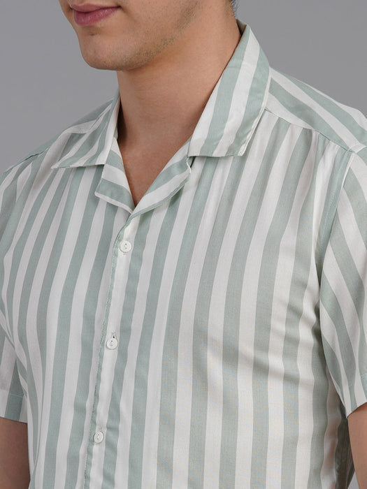 White Self Design Light Green Striped Cuban Collar Half Sleeve Shirt