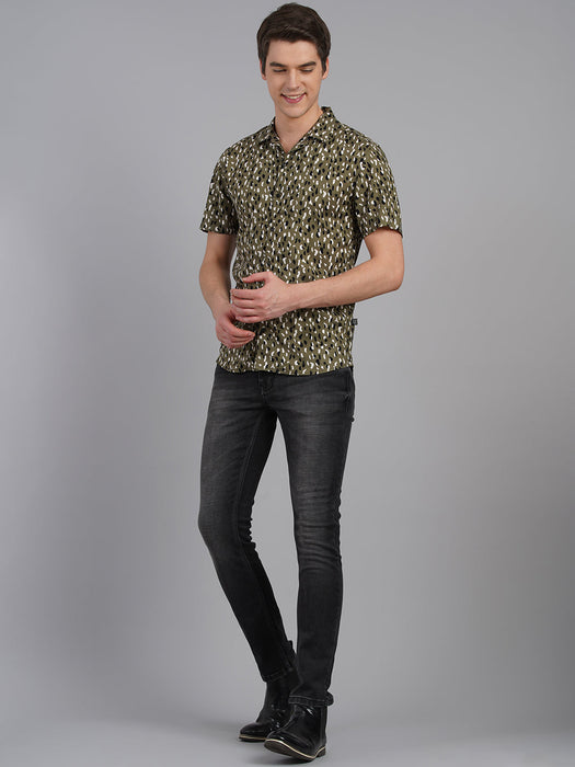 Olive Self Design Cheetah Print Cuban Collar Half Sleeve Shirt